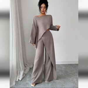 SHEIN Brown Wide-Leg High-Waist Pants with Matching Batwing Top